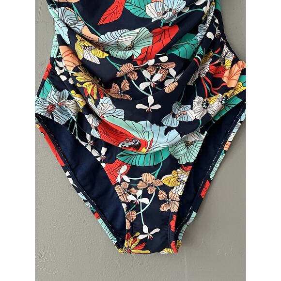 Ellen Tracy Keyhole High Neck One Piece Swimsuit Tropical Floral Size 6 Ruching - Picture 13 of 16